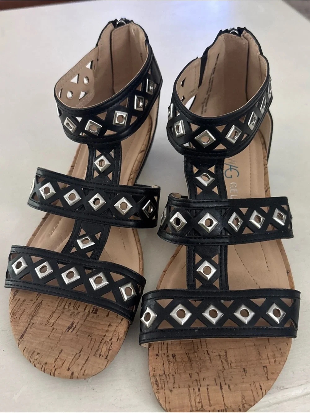 Black Studded T-Strap Cork Sandals Andrew Gellar Size 6